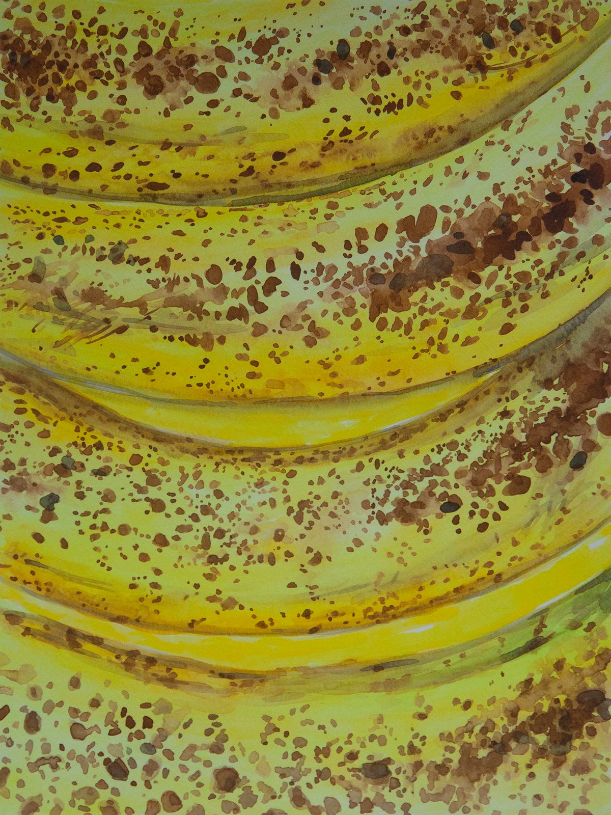 Watercolor painting of ripe yellow bananas with brown spots