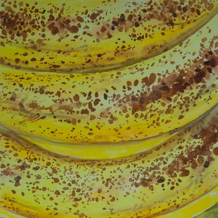 Watercolor painting of ripe yellow bananas with brown spots
