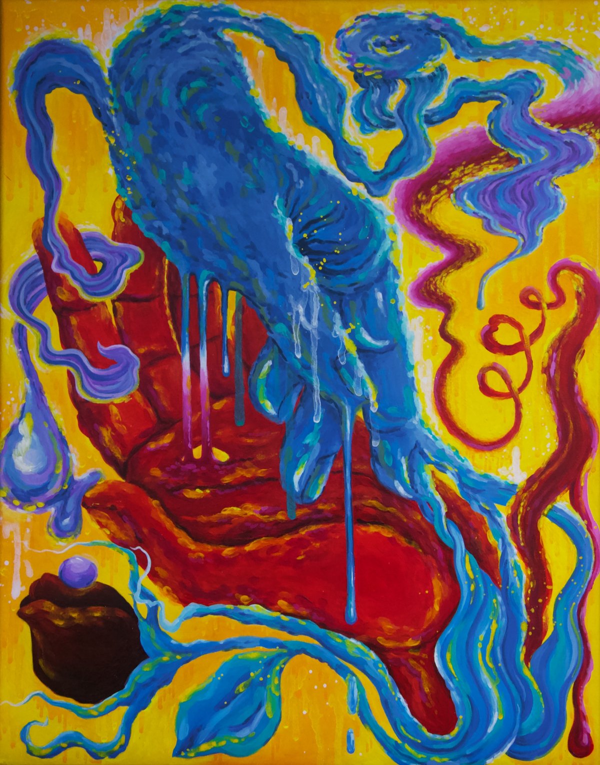 Abstract painting of hands with blue, red, yellow and purple flowing forms