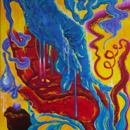 Abstract painting of hands with blue, red, yellow and purple flowing forms