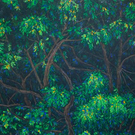 Painting of dense green forest canopy with intertwining branches