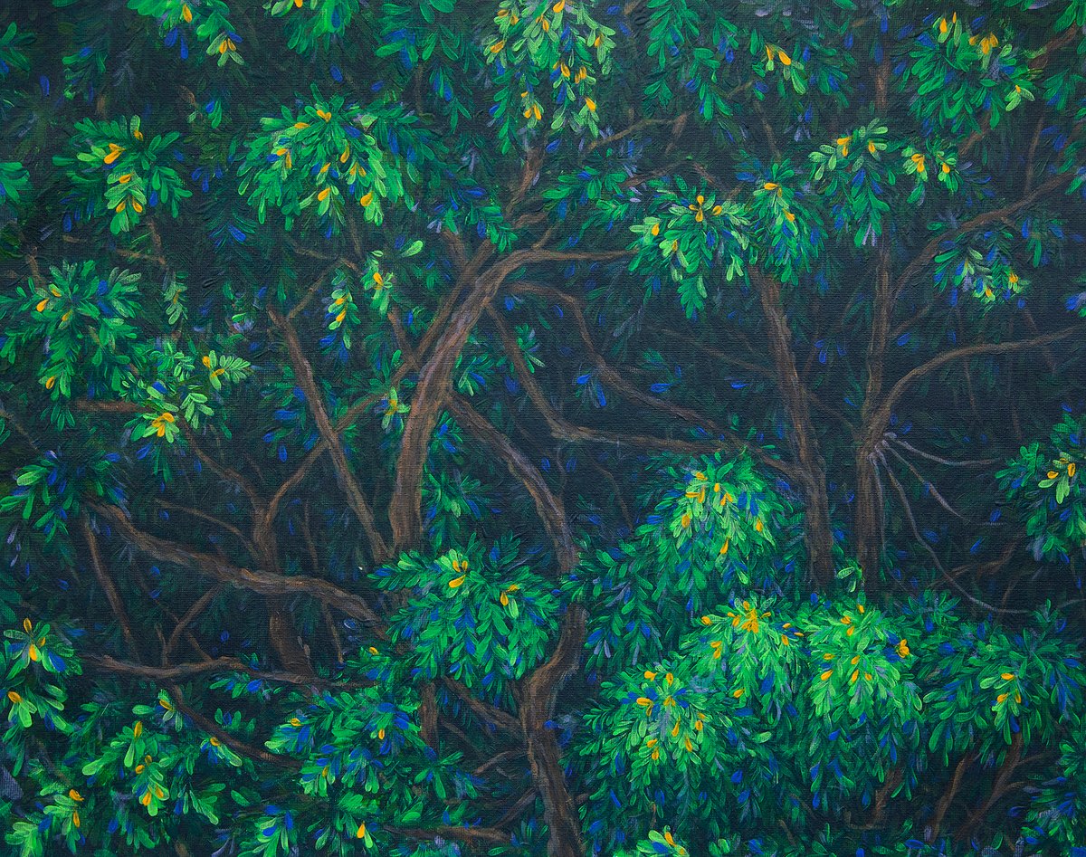 Painting of dense green forest canopy with intertwining branches